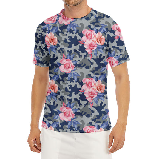Pink Rose Flower Camouflage Print Men's Short Sleeve Rash Guard