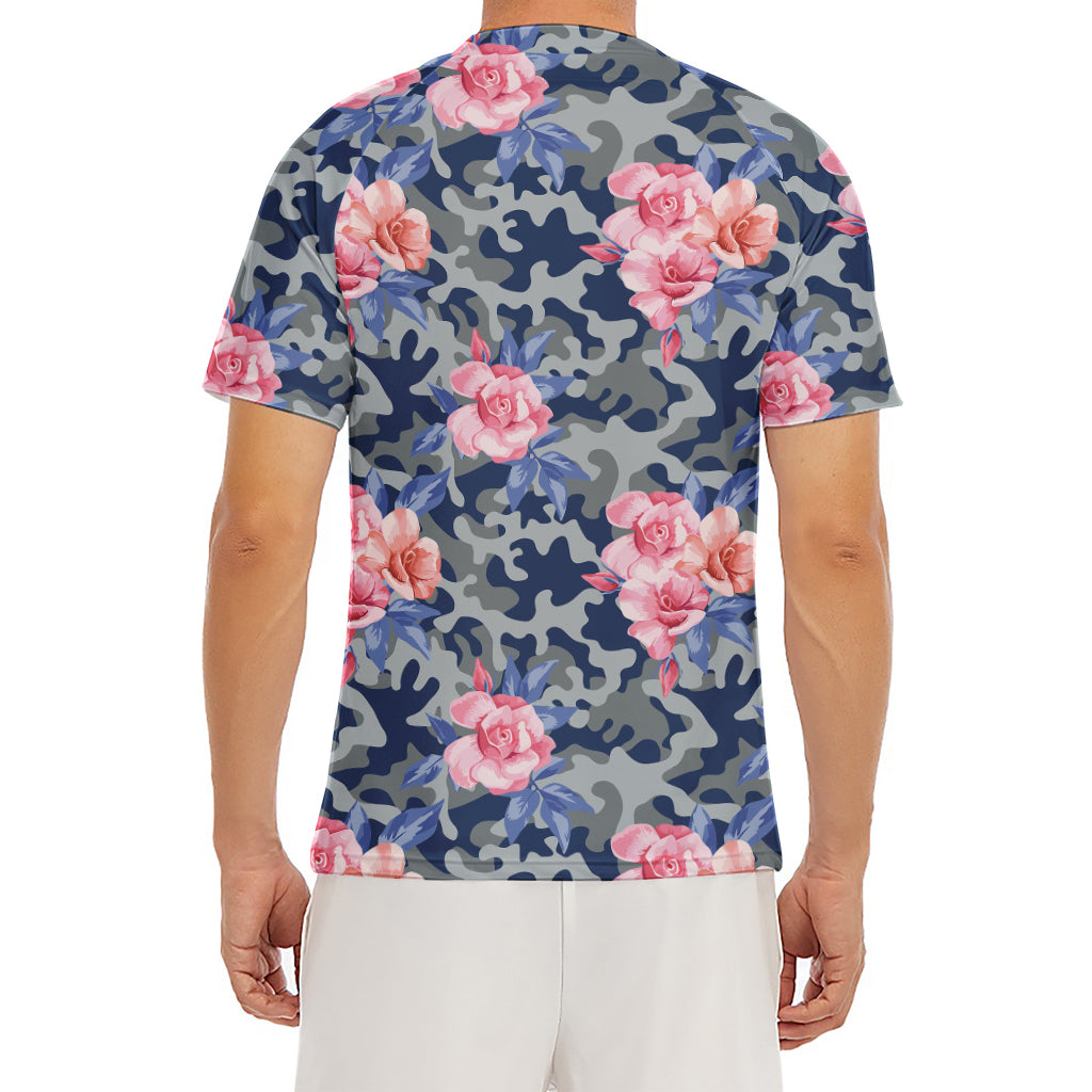 Pink Rose Flower Camouflage Print Men's Short Sleeve Rash Guard