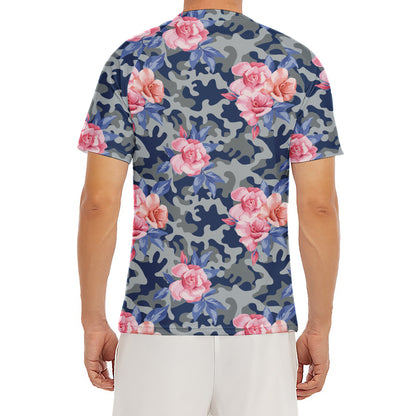 Pink Rose Flower Camouflage Print Men's Short Sleeve Rash Guard