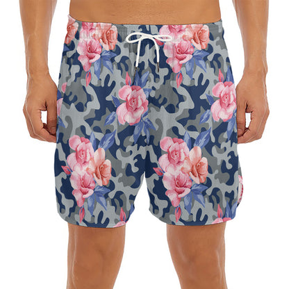 Pink Rose Flower Camouflage Print Men's Split Running Shorts