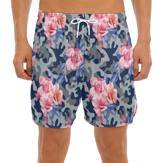 Pink Rose Flower Camouflage Print Men's Split Running Shorts