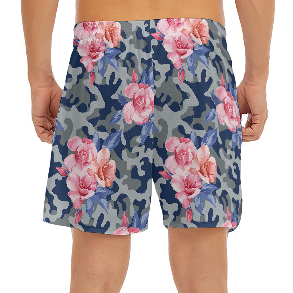 Pink Rose Flower Camouflage Print Men's Split Running Shorts
