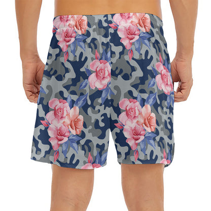 Pink Rose Flower Camouflage Print Men's Split Running Shorts