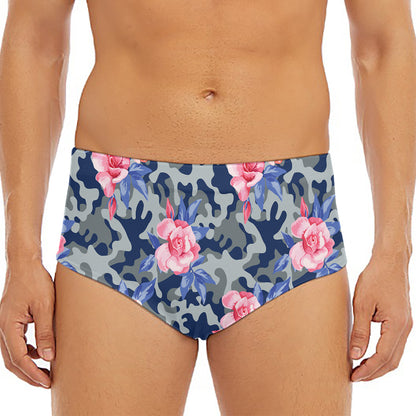 Pink Rose Flower Camouflage Print Men's Triangle Swim Briefs