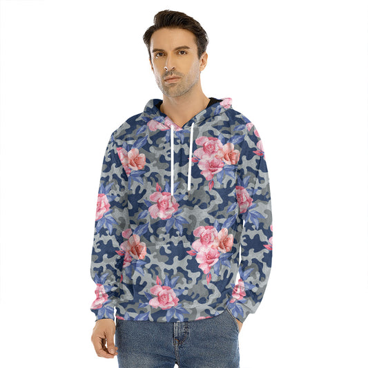 Pink Rose Flower Camouflage Print Men's Velvet Pullover Hoodie