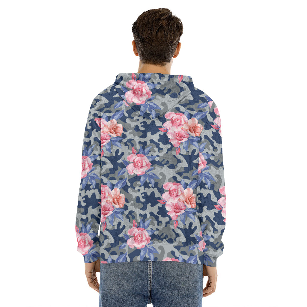 Pink Rose Flower Camouflage Print Men's Velvet Pullover Hoodie