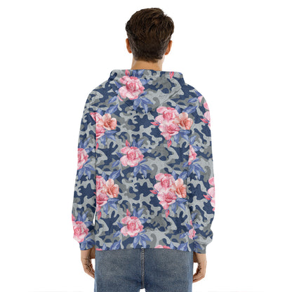 Pink Rose Flower Camouflage Print Men's Velvet Pullover Hoodie