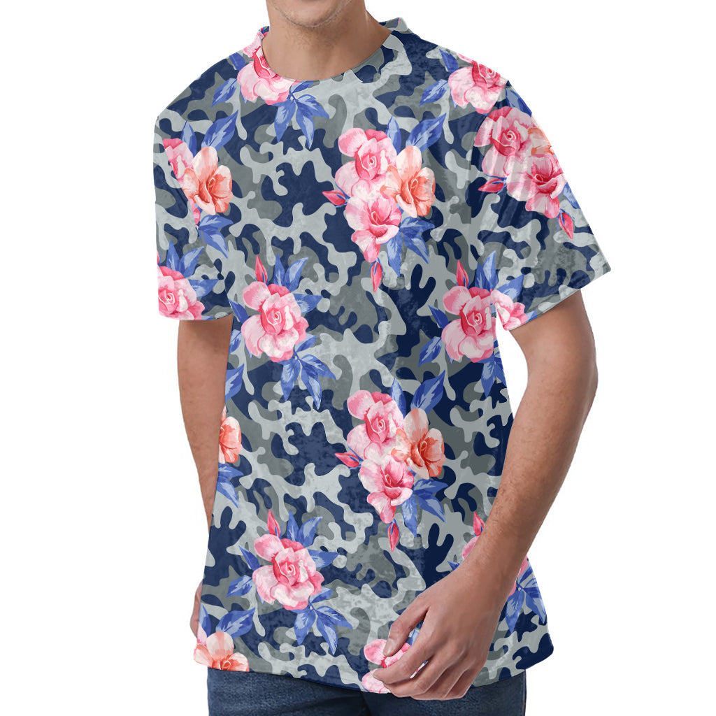 Pink Rose Flower Camouflage Print Men's Velvet T-Shirt