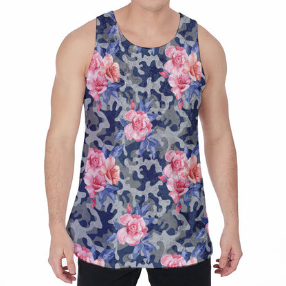 Pink Rose Flower Camouflage Print Men's Velvet Tank Top