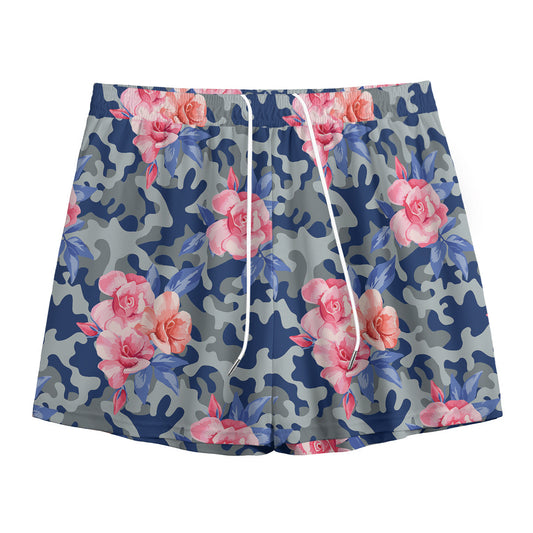 Pink Rose Flower Camouflage Print Mesh Shorts
