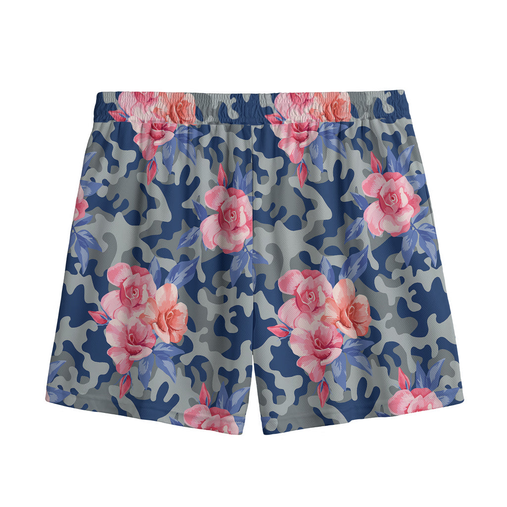 Pink Rose Flower Camouflage Print Mesh Shorts