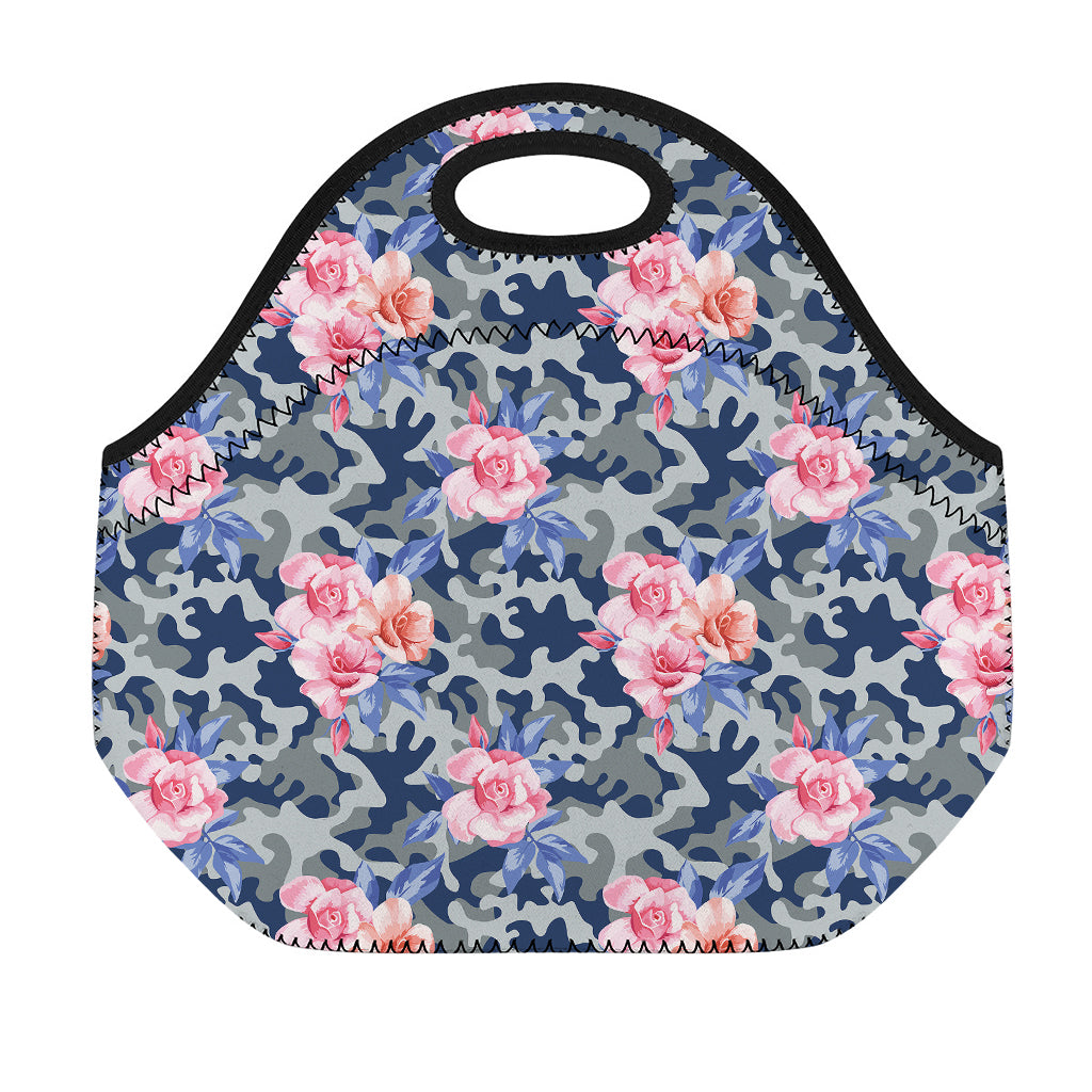 Pink Rose Flower Camouflage Print Neoprene Lunch Bag