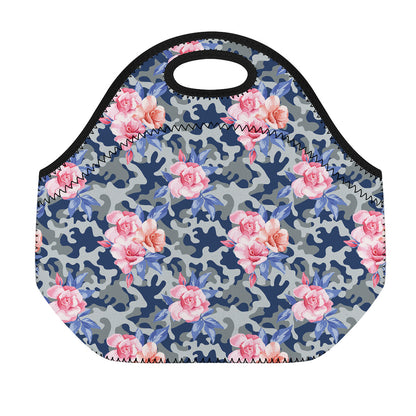 Pink Rose Flower Camouflage Print Neoprene Lunch Bag