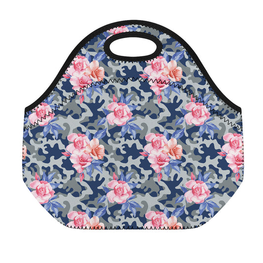 Pink Rose Flower Camouflage Print Neoprene Lunch Bag