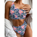 Pink Rose Flower Camouflage Print One Shoulder Bikini Set