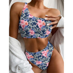 Pink Rose Flower Camouflage Print One Shoulder Bikini Top
