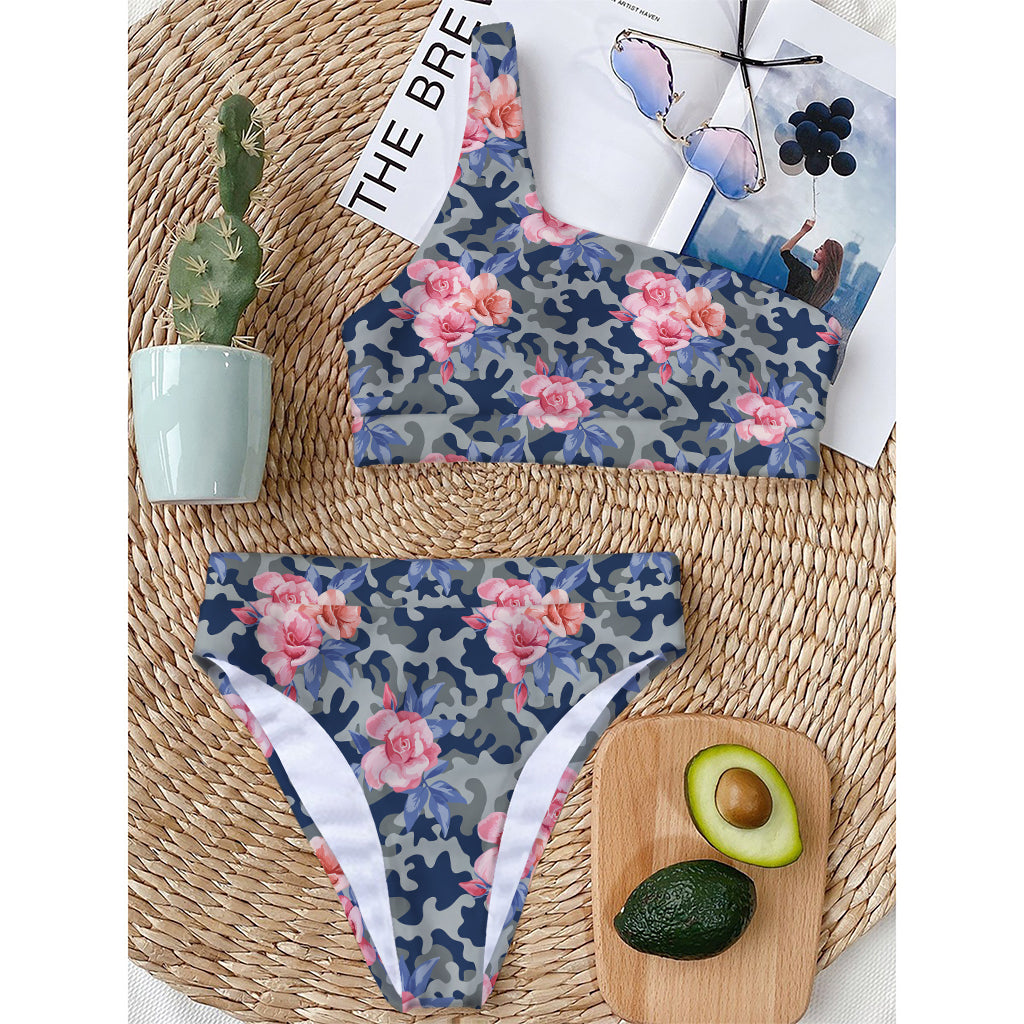 Pink Rose Flower Camouflage Print One Shoulder Bikini Top
