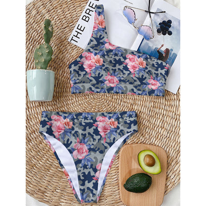 Pink Rose Flower Camouflage Print One Shoulder Bikini Top