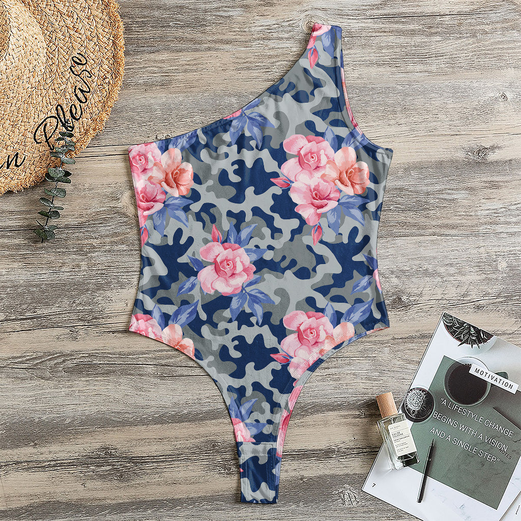 Pink Rose Flower Camouflage Print One Shoulder Bodysuit