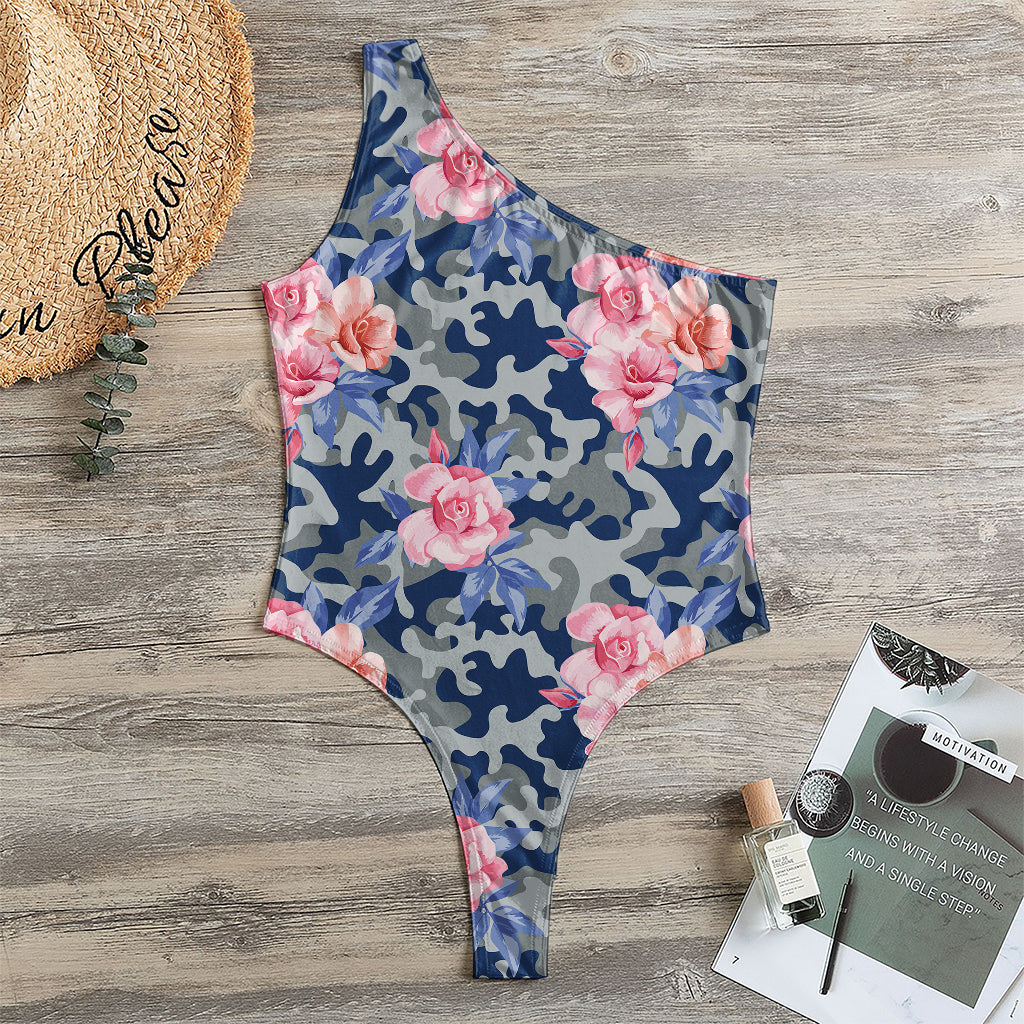 Pink Rose Flower Camouflage Print One Shoulder Bodysuit