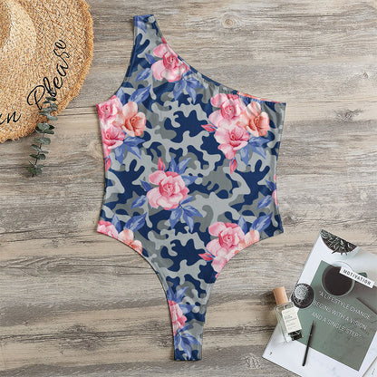 Pink Rose Flower Camouflage Print One Shoulder Bodysuit