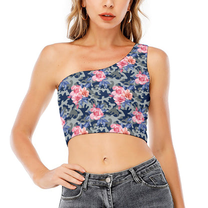 Pink Rose Flower Camouflage Print One Shoulder Crop Top