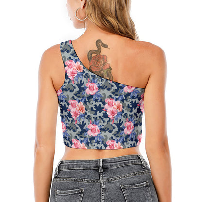Pink Rose Flower Camouflage Print One Shoulder Crop Top