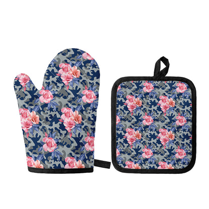 Pink Rose Flower Camouflage Print Oven Mitt And Pot Holder Set