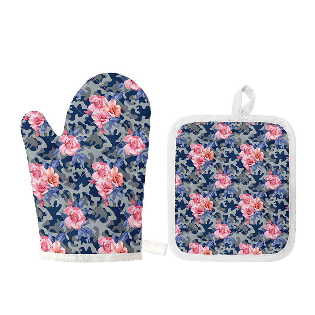 Pink Rose Flower Camouflage Print Oven Mitt And Pot Holder Set