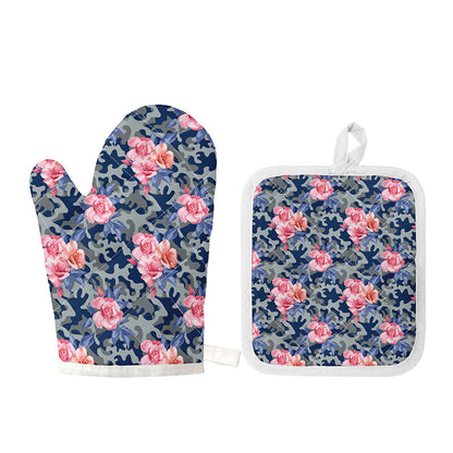 Pink Rose Flower Camouflage Print Oven Mitt And Pot Holder Set