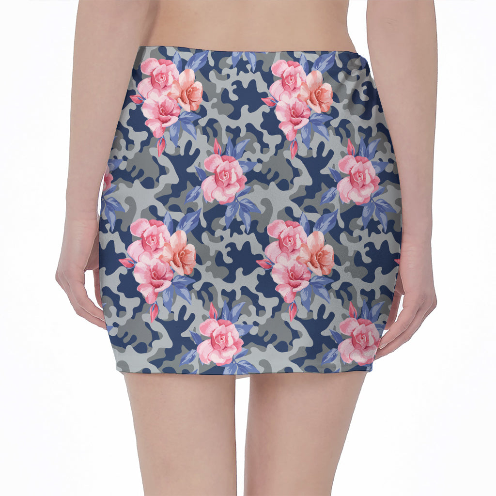 Pink Rose Flower Camouflage Print Pencil Mini Skirt
