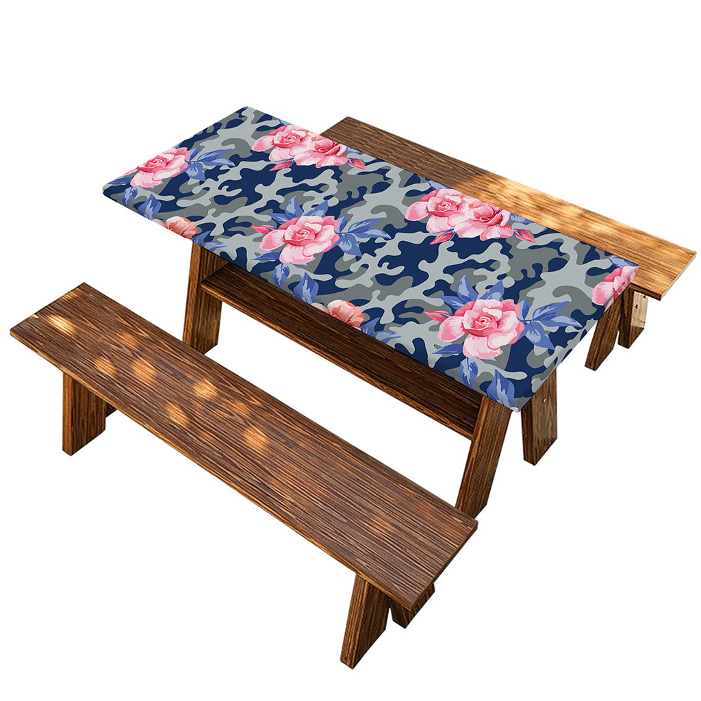 Pink Rose Flower Camouflage Print Picnic Table Cover