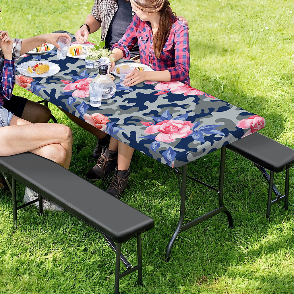 Pink Rose Flower Camouflage Print Picnic Table Cover