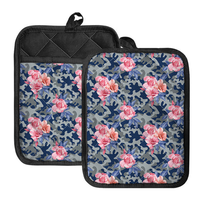 Pink Rose Flower Camouflage Print Pot Holders With Pocket