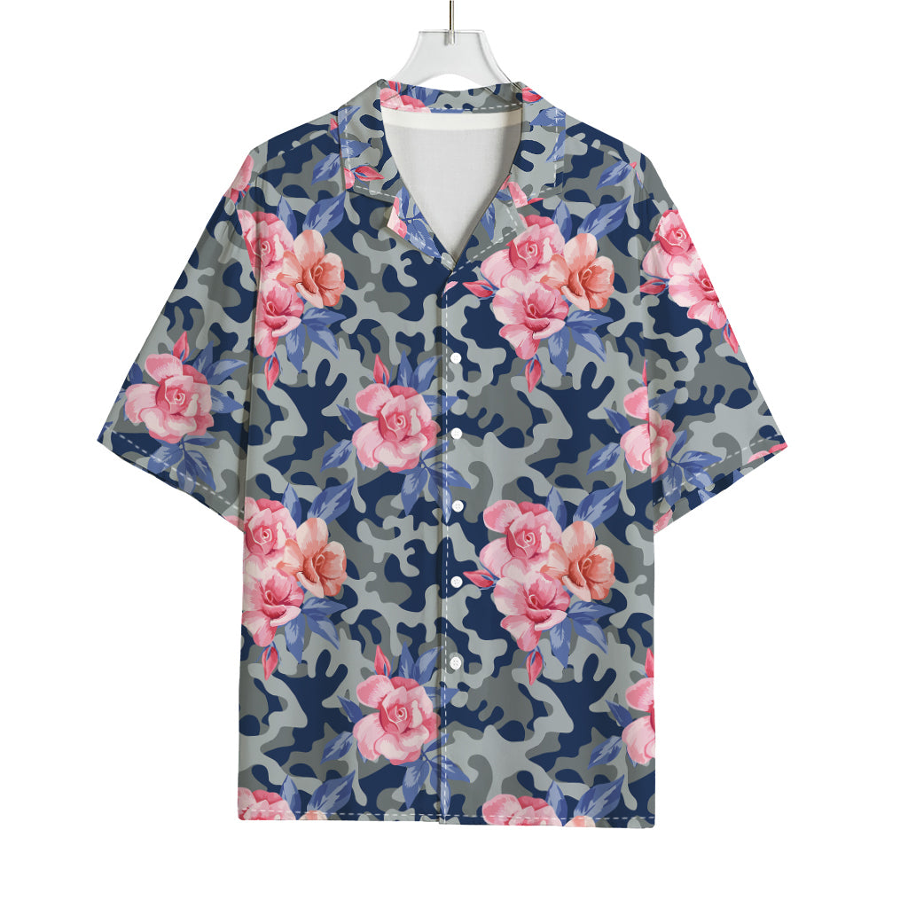 Pink Rose Flower Camouflage Print Rayon Hawaiian Shirt