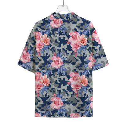 Pink Rose Flower Camouflage Print Rayon Hawaiian Shirt