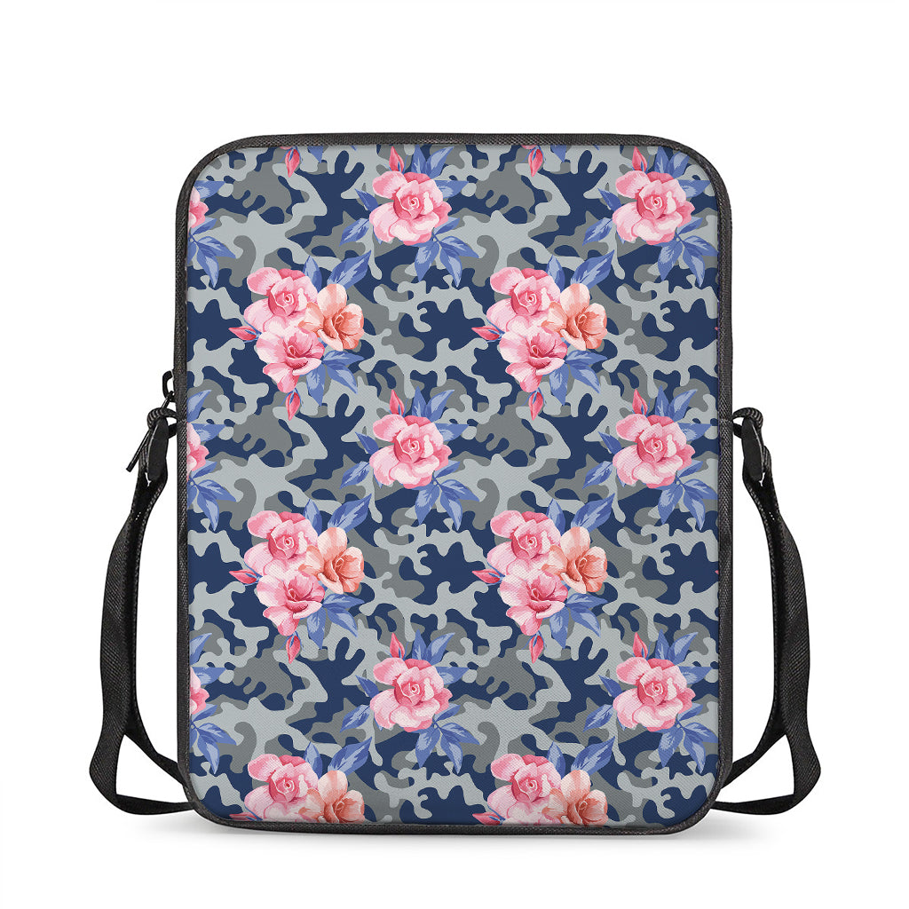Pink Rose Flower Camouflage Print Rectangular Crossbody Bag