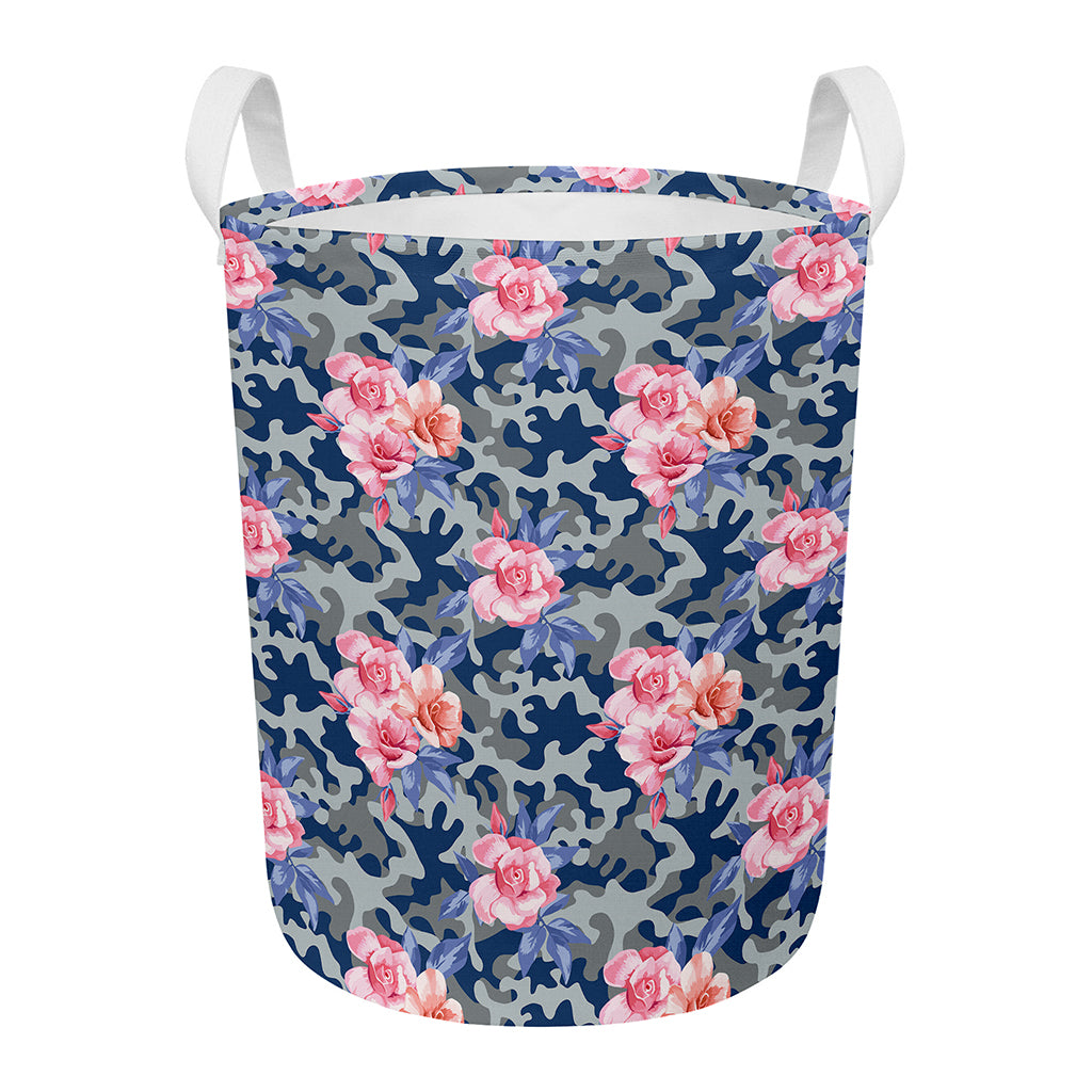Pink Rose Flower Camouflage Print Round Laundry Basket