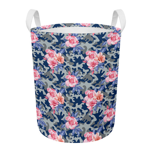 Pink Rose Flower Camouflage Print Round Laundry Basket