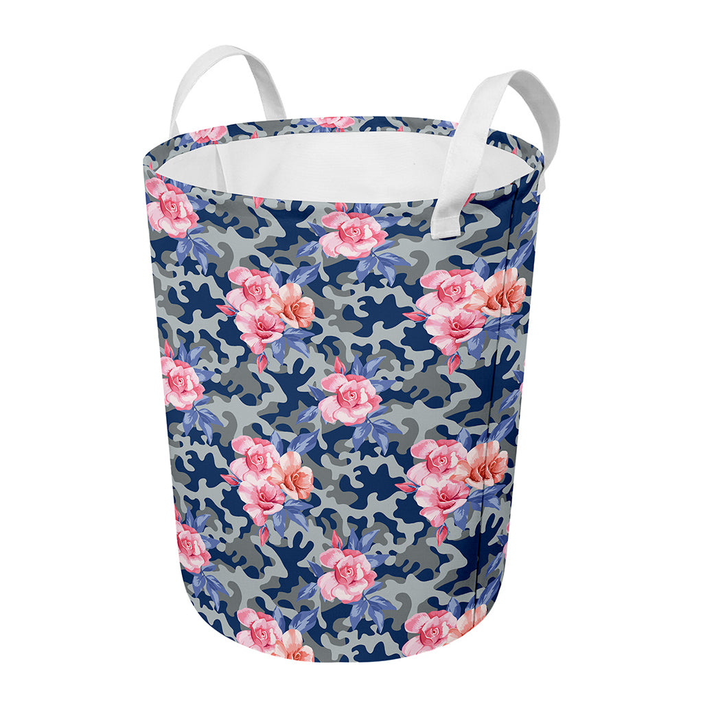Pink Rose Flower Camouflage Print Round Laundry Basket