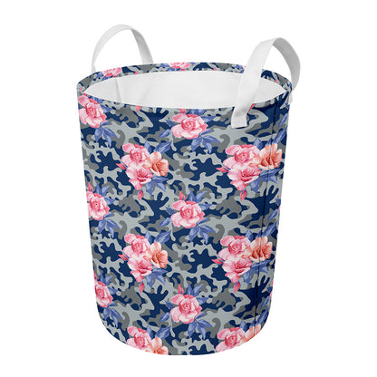 Pink Rose Flower Camouflage Print Round Laundry Basket