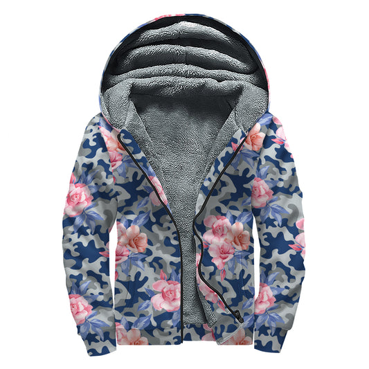 Pink Rose Flower Camouflage Print Sherpa Lined Zip Up Hoodie