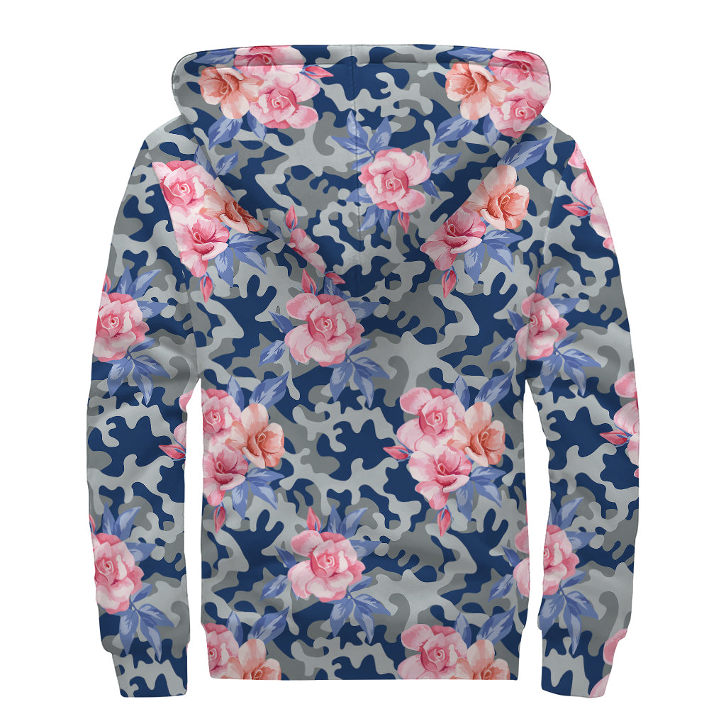 Pink Rose Flower Camouflage Print Sherpa Lined Zip Up Hoodie