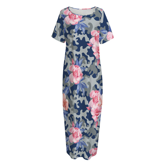 Pink Rose Flower Camouflage Print Short Sleeve Long Nightdress