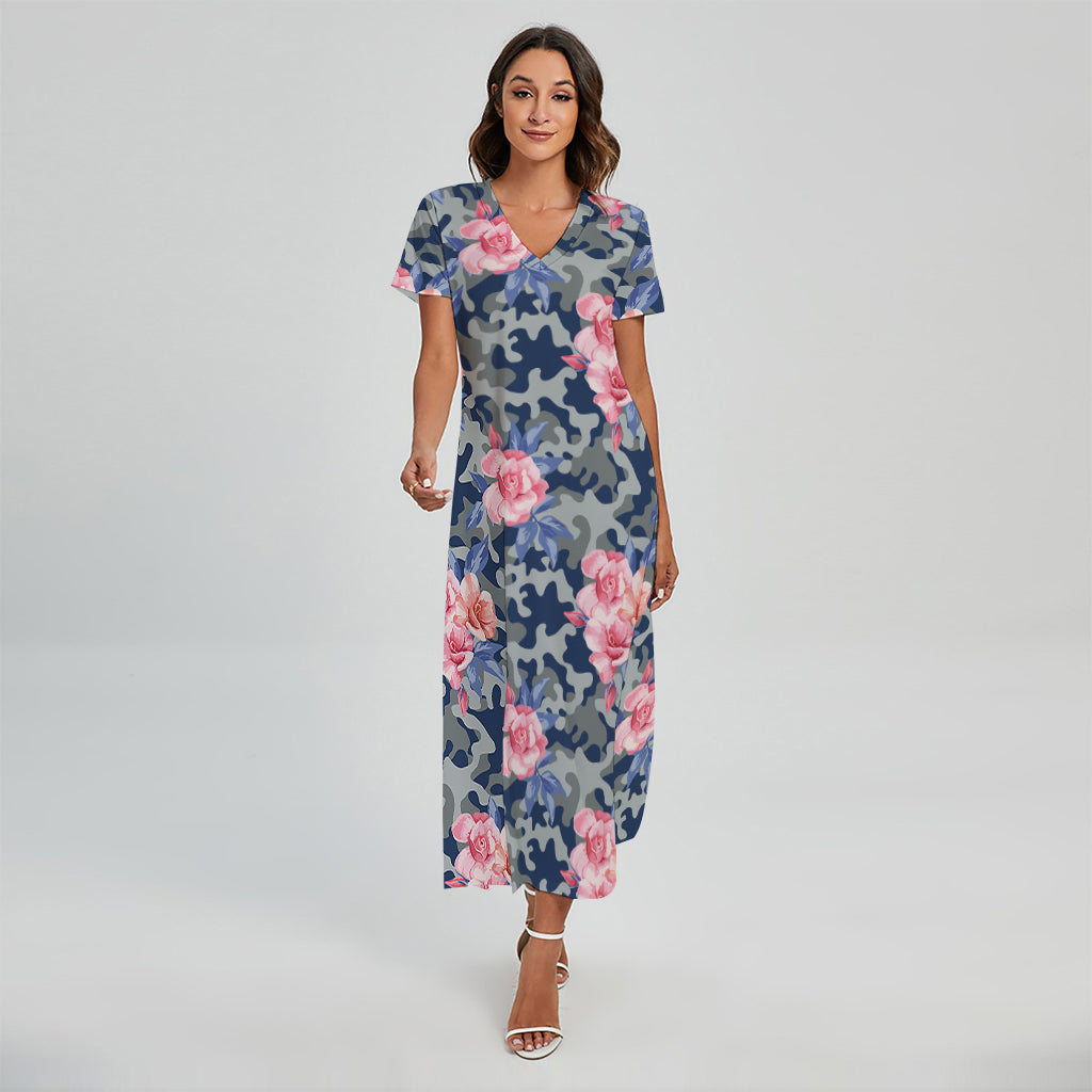 Pink Rose Flower Camouflage Print Short Sleeve Maxi Dress
