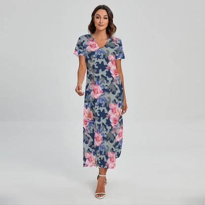 Pink Rose Flower Camouflage Print Short Sleeve Maxi Dress