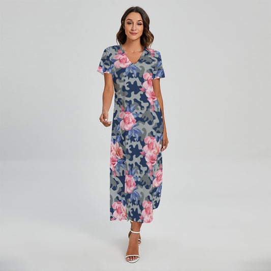 Pink Rose Flower Camouflage Print Short Sleeve Maxi Dress