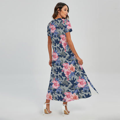 Pink Rose Flower Camouflage Print Short Sleeve Maxi Dress