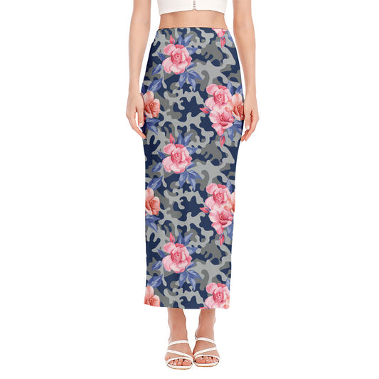 Pink Rose Flower Camouflage Print Side Slit Maxi Skirt