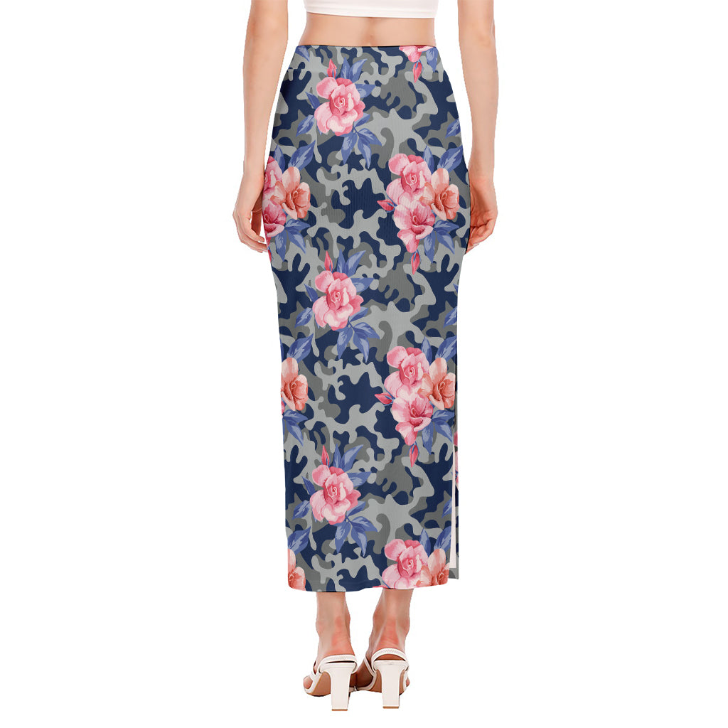 Pink Rose Flower Camouflage Print Side Slit Maxi Skirt